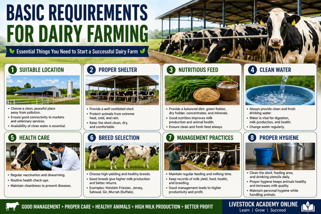Basic requirements for dairy farming including shelter feed water health care and hygiene management